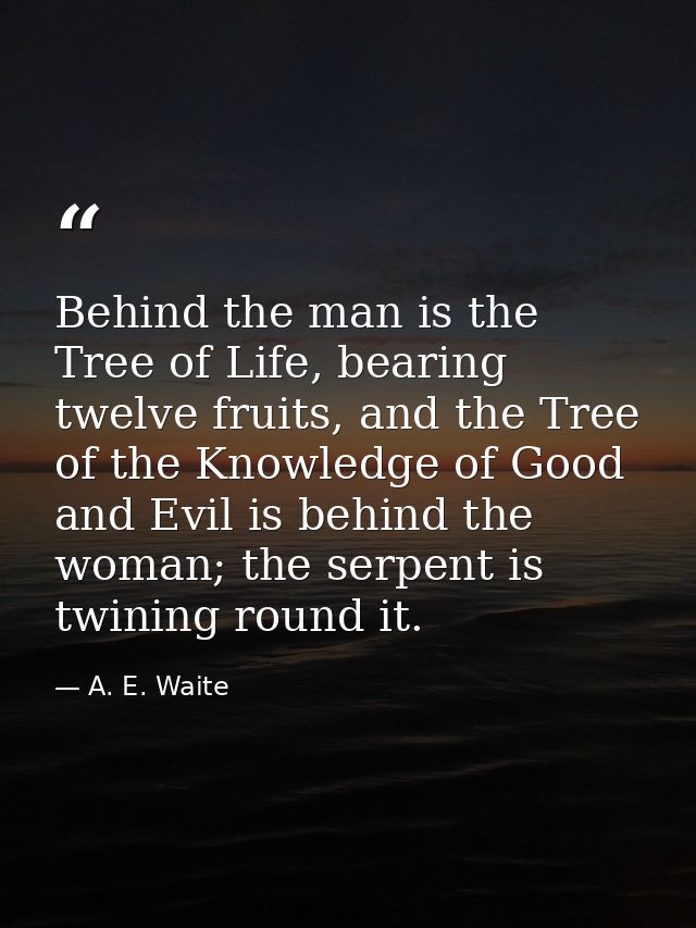 Behind the man is the Tree of Life, bearing twelve fruits, and the Tree of the Knowledge of Good and Evil is behind the  — A. E. Waite