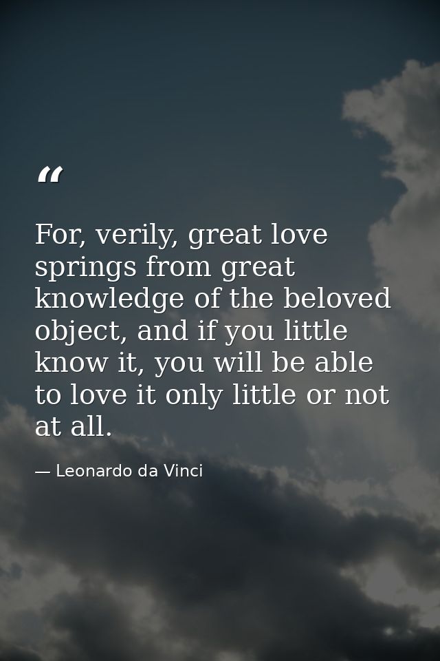 For, verily, great love springs from great knowledge of the beloved object, and if you little know it, you will be able  — Leonardo da Vinci