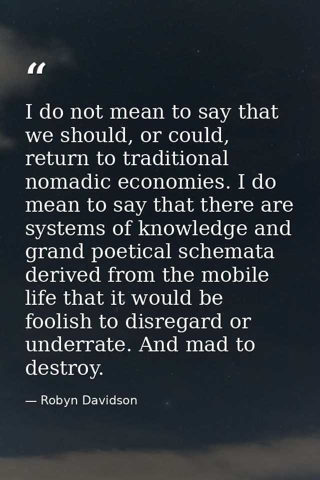 I do not mean to say that we should, or could, return to traditional nomadic economies. I do mean to say that there are  — Robyn Davidson