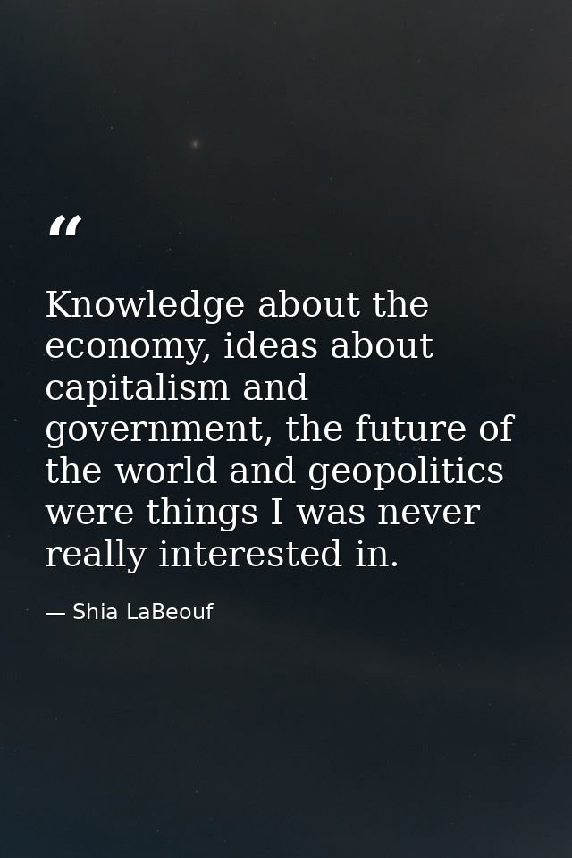 Knowledge about the economy, ideas about capitalism and government, the future of the world and geopolitics were things  — Shia LaBeouf