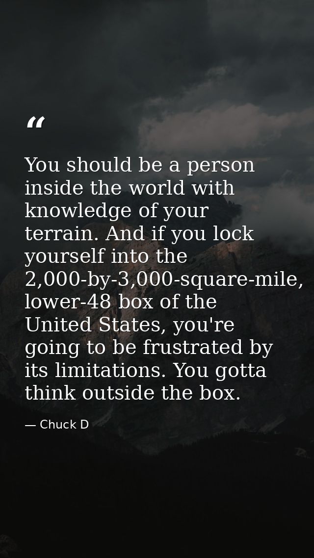 You should be a person inside the world with knowledge of your terrain. And if you lock yourself into the 2,000-by-3,000 — Chuck D