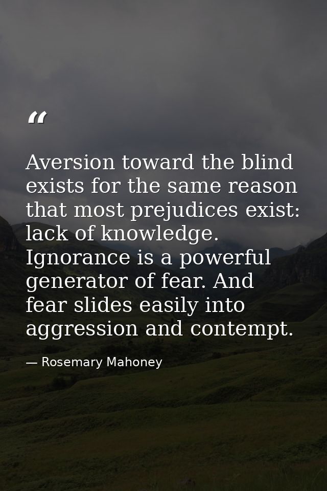 Aversion toward the blind exists for the same reason that most prejudices exist: lack of knowledge. Ignorance is a power — Rosemary Mahoney