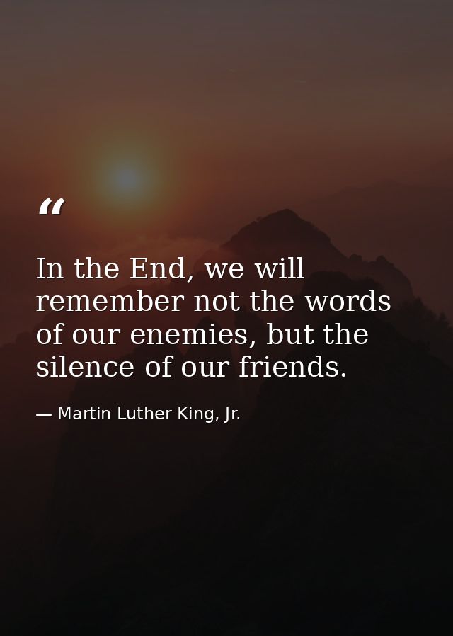 In the End, we will remember not the words of our enemies, but the silence of our friends. — Martin Luther King, Jr.