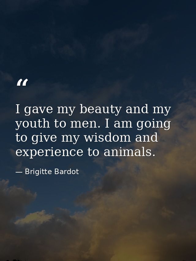I gave my beauty and my youth to men. I am going to give my wisdom and experience to animals. — Brigitte Bardot
