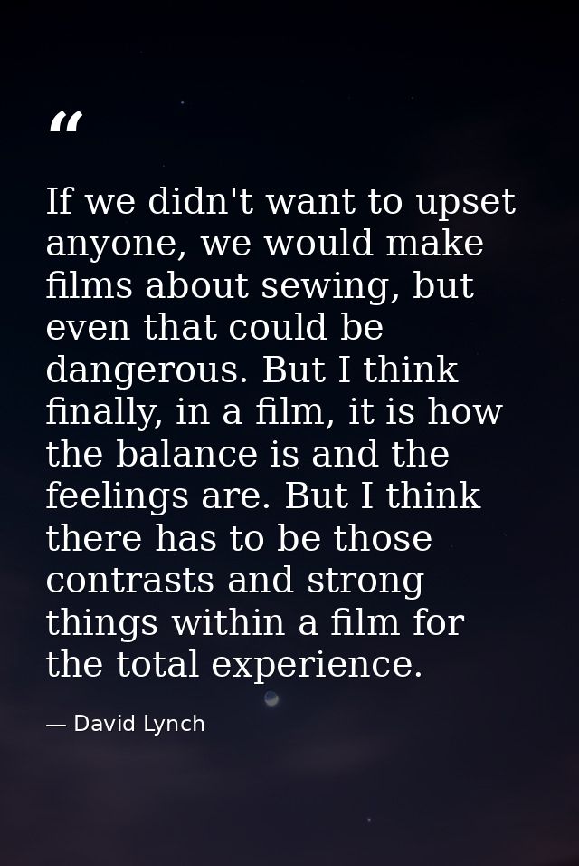 If we didn't want to upset anyone, we would make films about sewing, but even that could be dangerous. But I think final — David Lynch