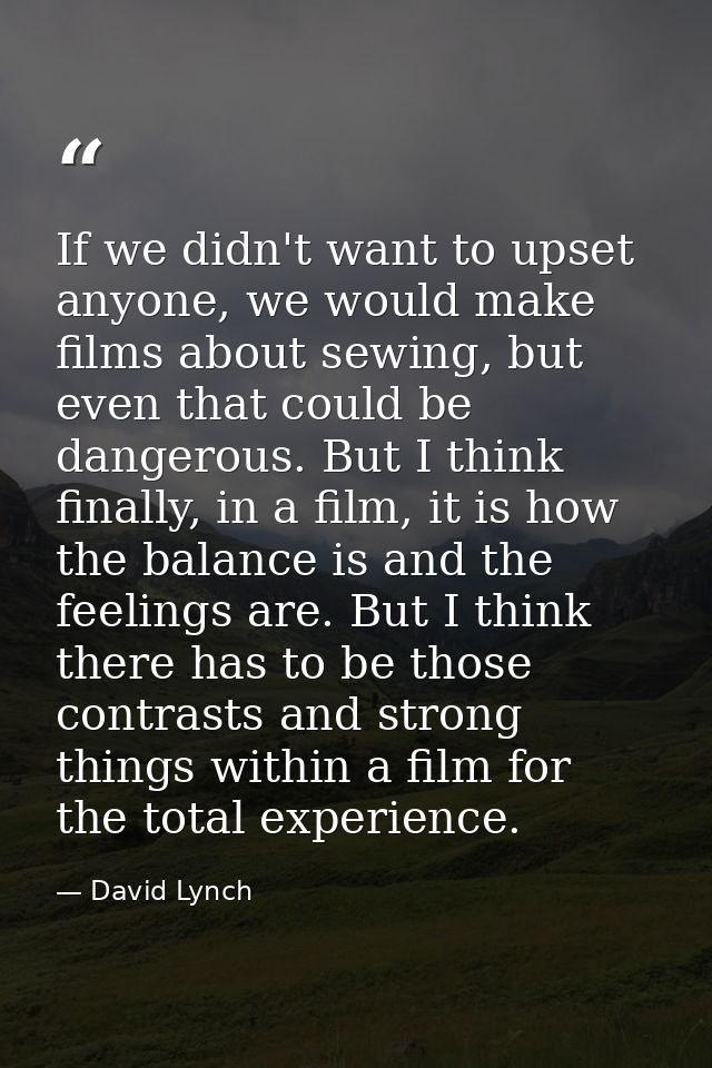If we didn't want to upset anyone, we would make films about sewing, but even that could be dangerous. But I think final — David Lynch