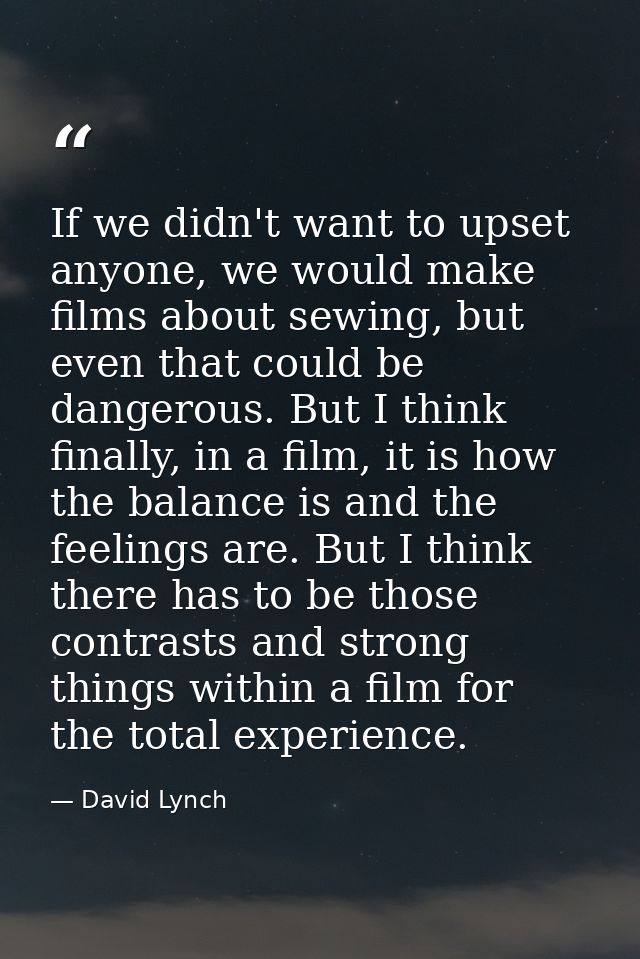 If we didn't want to upset anyone, we would make films about sewing, but even that could be dangerous. But I think final — David Lynch