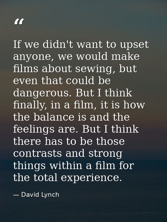 If we didn't want to upset anyone, we would make films about sewing, but even that could be dangerous. But I think final — David Lynch