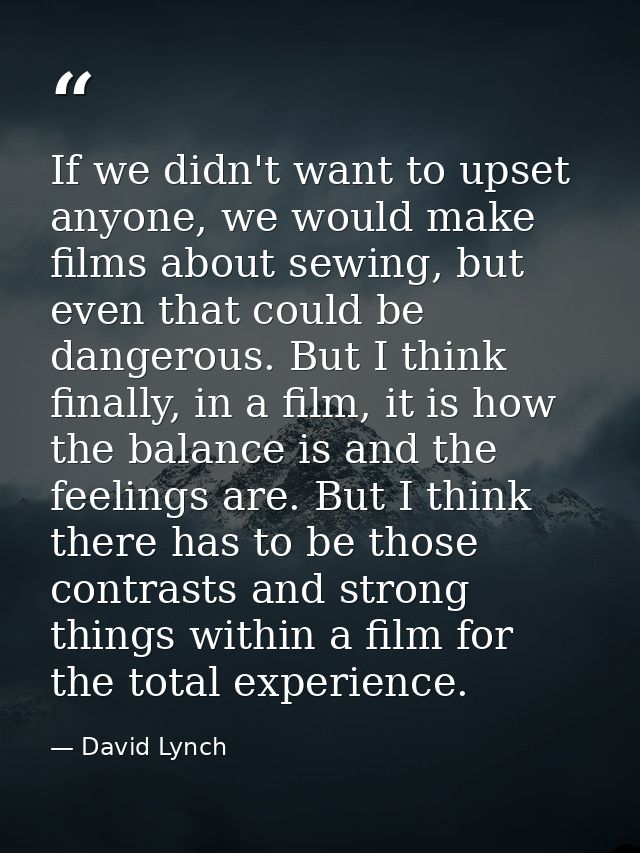 If we didn't want to upset anyone, we would make films about sewing, but even that could be dangerous. But I think final — David Lynch