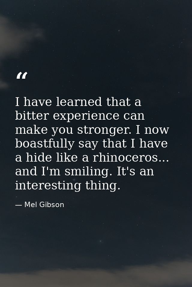 I have learned that a bitter experience can make you stronger. I now boastfully say that I have a hide like a rhinoceros — Mel Gibson