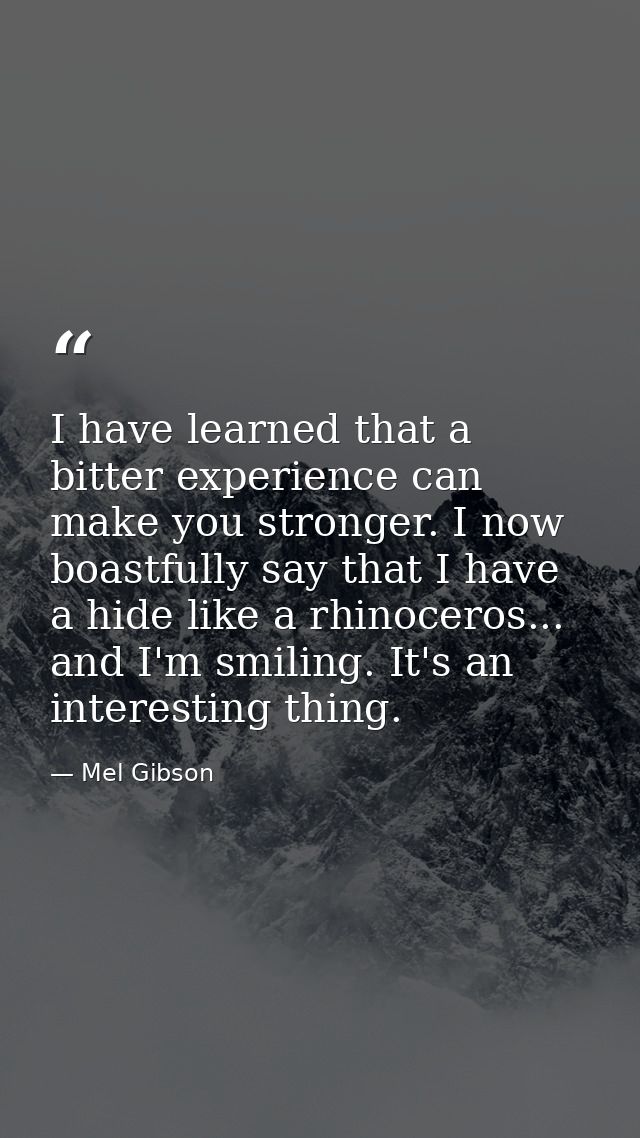I have learned that a bitter experience can make you stronger. I now boastfully say that I have a hide like a rhinoceros — Mel Gibson