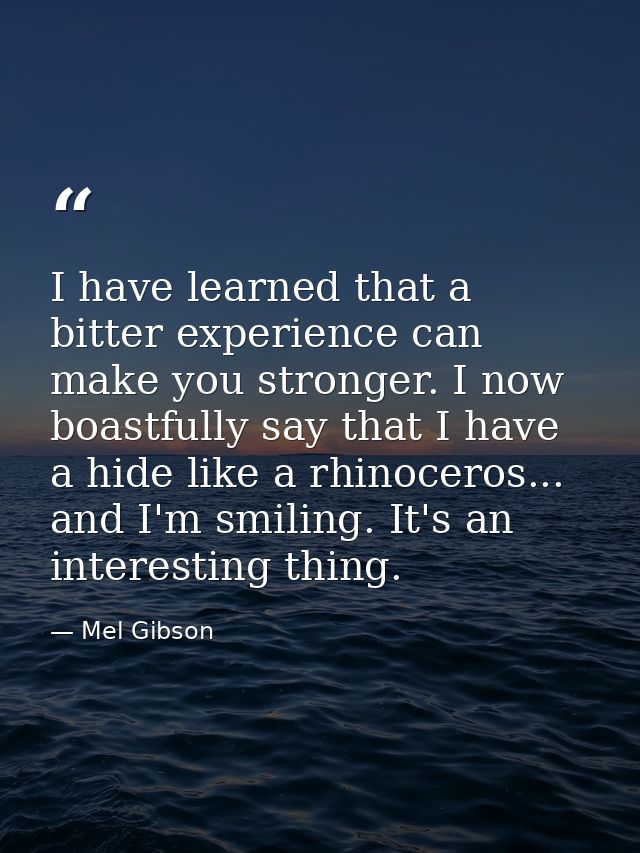 I have learned that a bitter experience can make you stronger. I now boastfully say that I have a hide like a rhinoceros — Mel Gibson