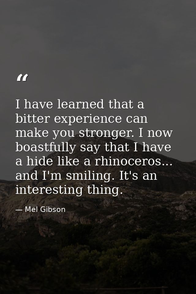 I have learned that a bitter experience can make you stronger. I now boastfully say that I have a hide like a rhinoceros — Mel Gibson