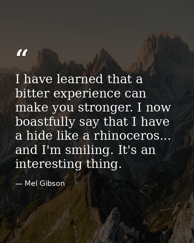 I have learned that a bitter experience can make you stronger. I now boastfully say that I have a hide like a rhinoceros — Mel Gibson