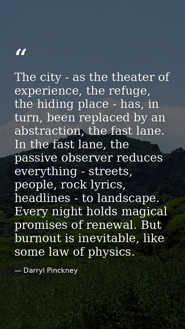 The city - as the theater of experience, the refuge, the hiding place - has, in turn, been replaced by an abstraction, t — Darryl Pinckney