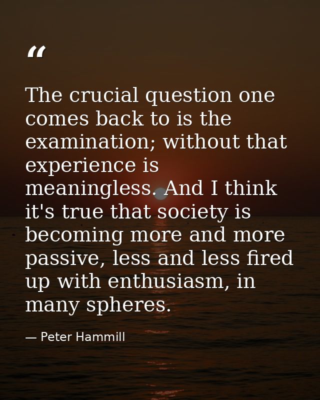 The crucial question one comes back to is the examination; without that experience is meaningless. And I think it's true — Peter Hammill