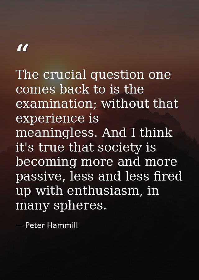 The crucial question one comes back to is the examination; without that experience is meaningless. And I think it's true — Peter Hammill