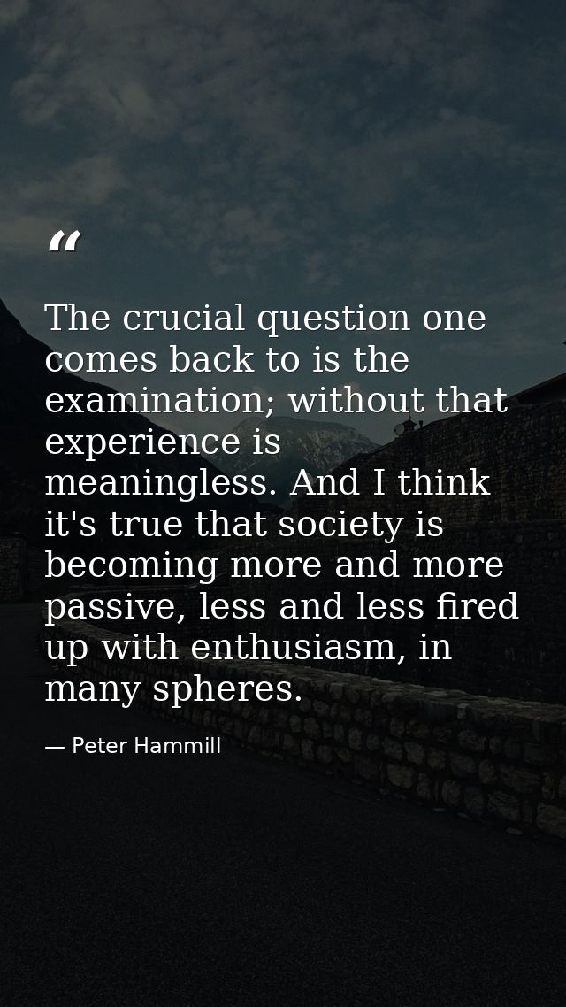 The crucial question one comes back to is the examination; without that experience is meaningless. And I think it's true — Peter Hammill