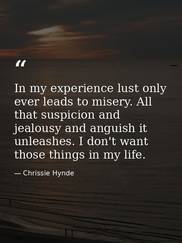 In my experience lust only ever leads to misery. All that suspicion and jealousy and anguish it unleashes. I don't want  — Chrissie Hynde