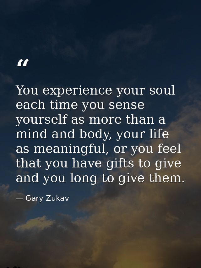 You experience your soul each time you sense yourself as more than a mind and body, your life as meaningful, or you feel — Gary Zukav