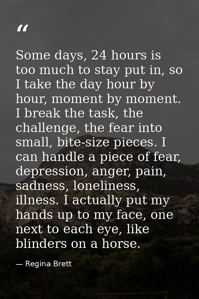 Some days, 24 hours is too much to stay put in, so I take the day hour by hour, moment by moment. I break the task, the  — Regina Brett