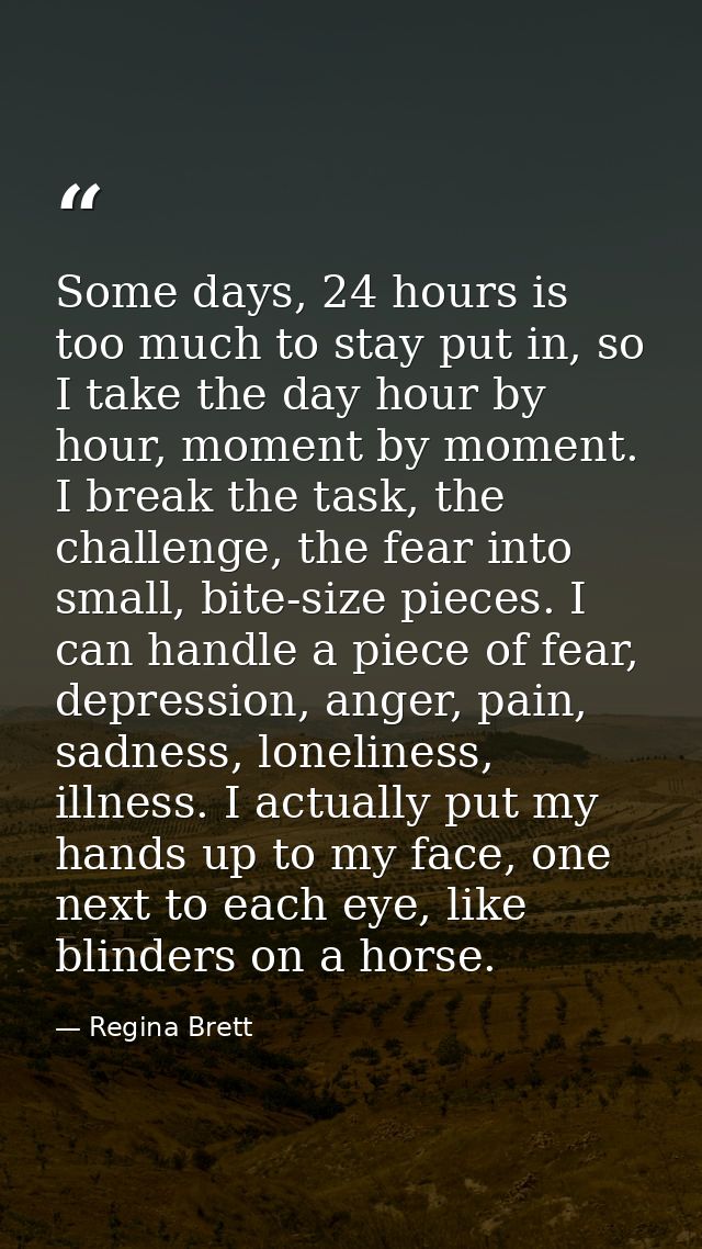 Some days, 24 hours is too much to stay put in, so I take the day hour by hour, moment by moment. I break the task, the  — Regina Brett
