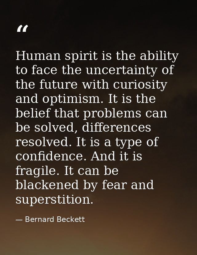 Human spirit is the ability to face the uncertainty of the future with curiosity and optimism. It is the belief that pro — Bernard Beckett