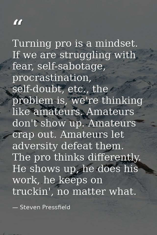 Turning pro is a mindset. If we are struggling with fear, self-sabotage, procrastination, self-doubt, etc., the problem  — Steven Pressfield