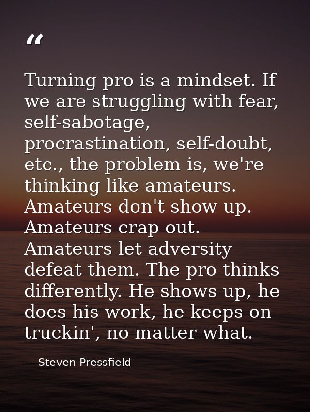 Turning pro is a mindset. If we are struggling with fear, self-sabotage, procrastination, self-doubt, etc., the problem  — Steven Pressfield