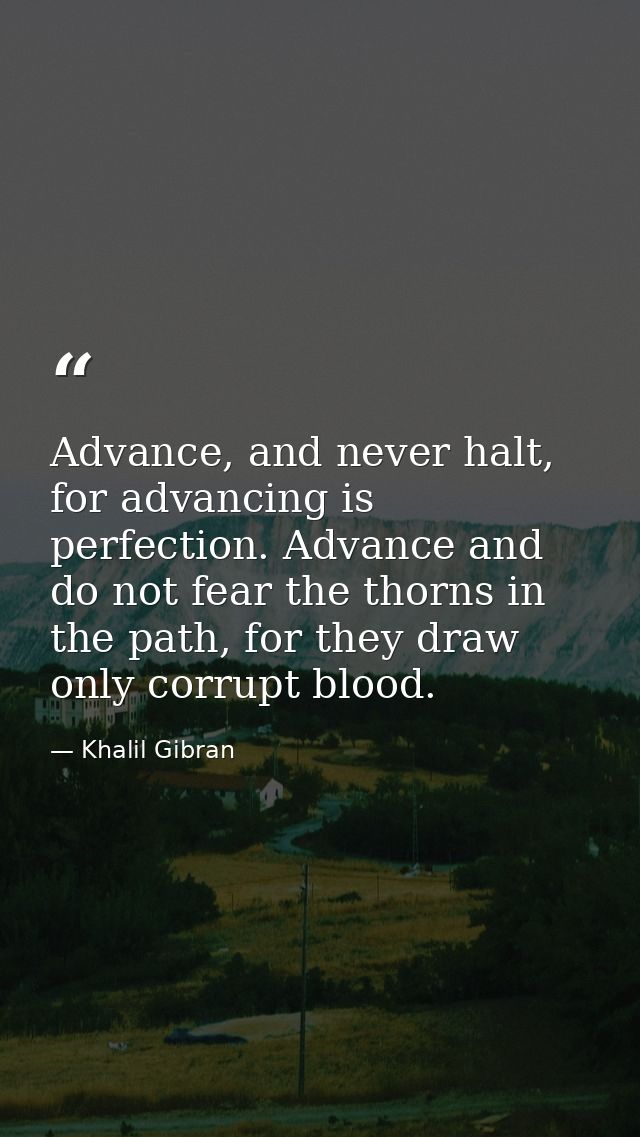 Advance, and never halt, for advancing is perfection. Advance and do not fear the thorns in the path, for they draw only — Khalil Gibran