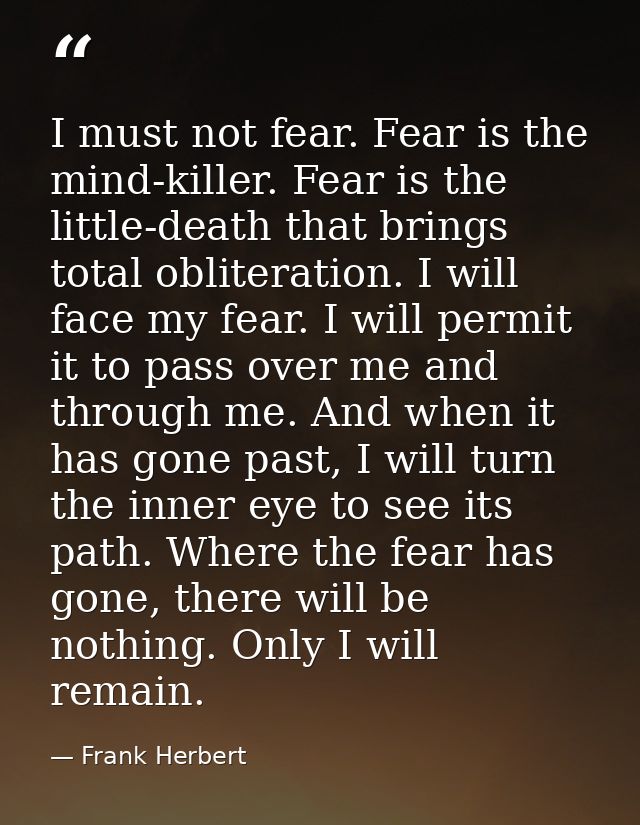 I must not fear. Fear is the mind-killer. Fear is the little-death that brings total obliteration. I will face my fear.  — Frank Herbert