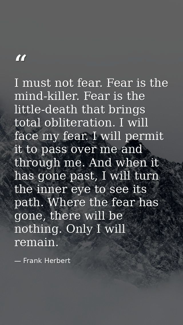 I must not fear. Fear is the mind-killer. Fear is the little-death that brings total obliteration. I will face my fear.  — Frank Herbert
