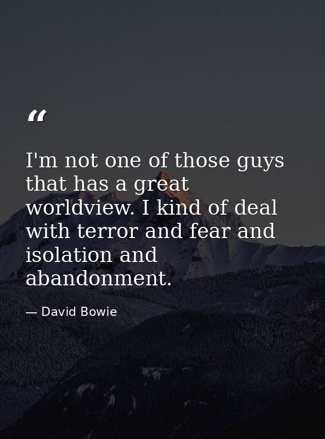 I'm not one of those guys that has a great worldview. I kind of deal with terror and fear and isolation and abandonment. — David Bowie