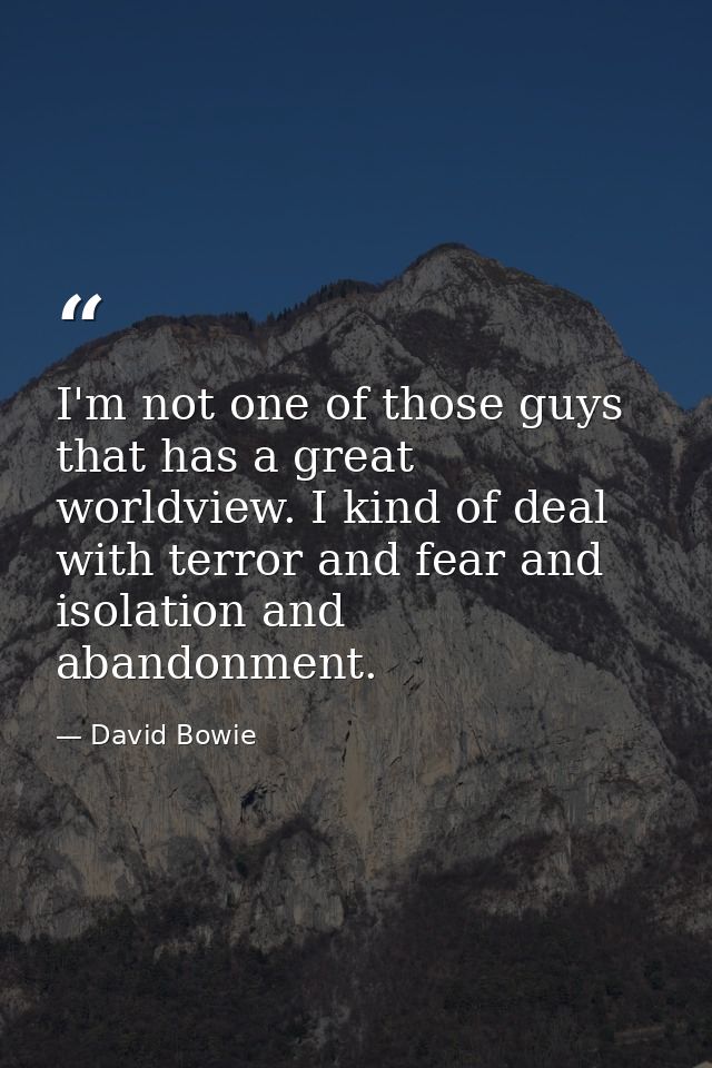 I'm not one of those guys that has a great worldview. I kind of deal with terror and fear and isolation and abandonment. — David Bowie