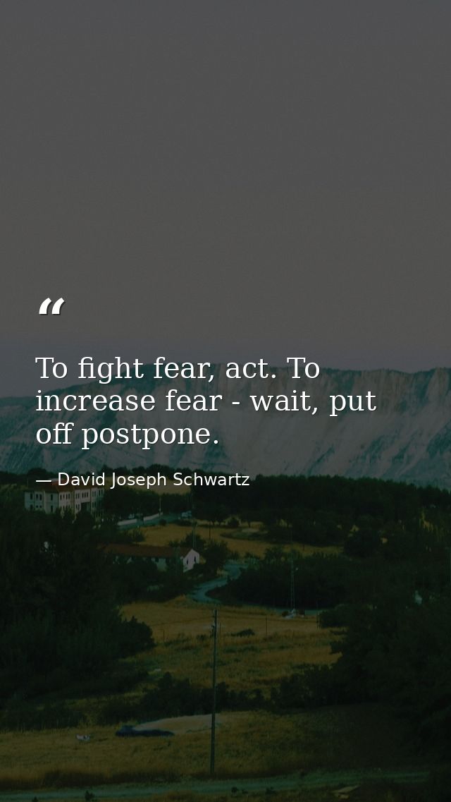 To fight fear, act. To increase fear - wait, put off postpone. — David Joseph Schwartz