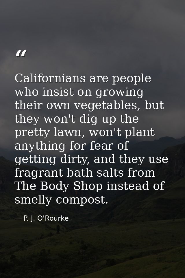 Californians are people who insist on growing their own vegetables, but they won't dig up the pretty lawn, won't plant a — P. J. O'Rourke