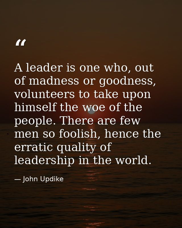 A leader is one who, out of madness or goodness, volunteers to take upon himself the woe of the people. There are few me — John Updike