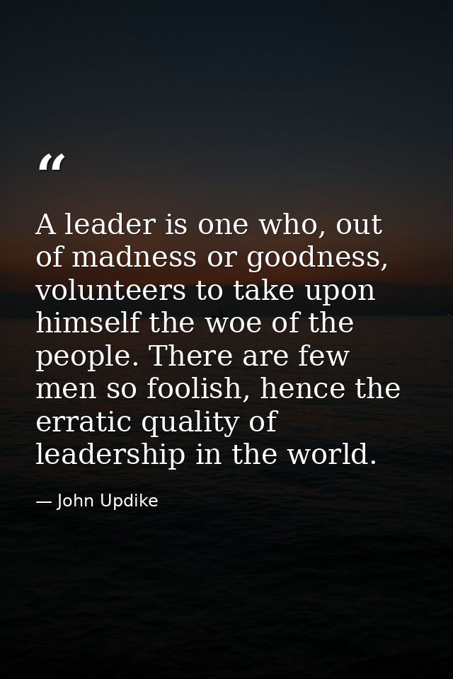 A leader is one who, out of madness or goodness, volunteers to take upon himself the woe of the people. There are few me — John Updike