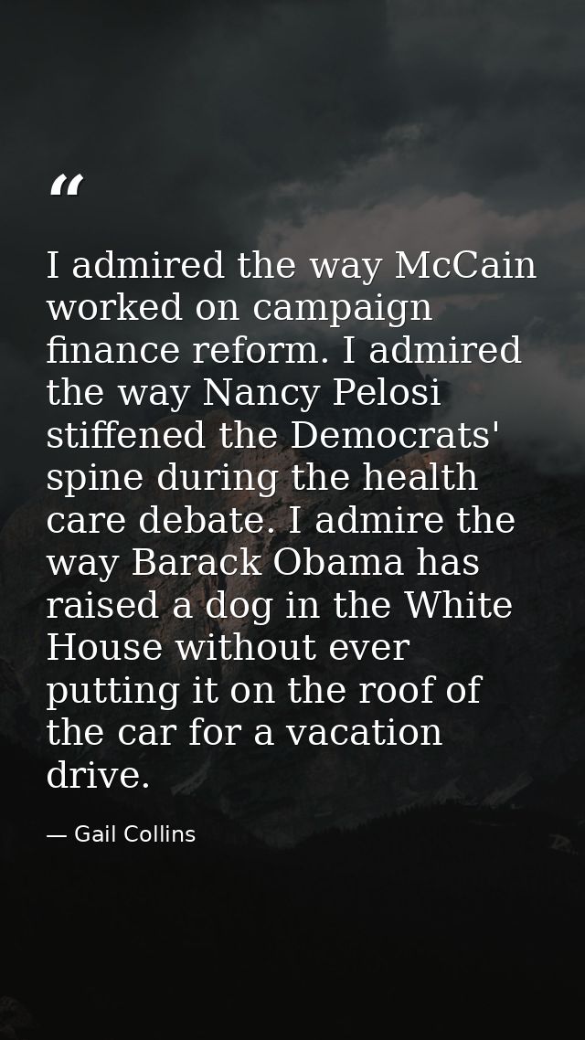 I admired the way McCain worked on campaign finance reform. I admired the way Nancy Pelosi stiffened the Democrats' spin — Gail Collins