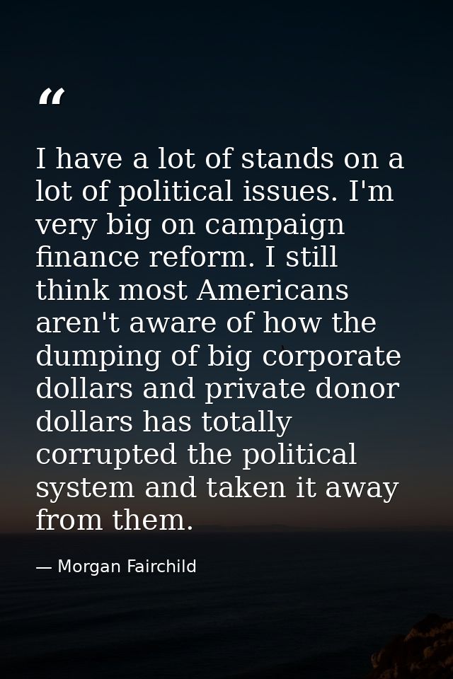 I have a lot of stands on a lot of political issues. I'm very big on campaign finance reform. I still think most America — Morgan Fairchild