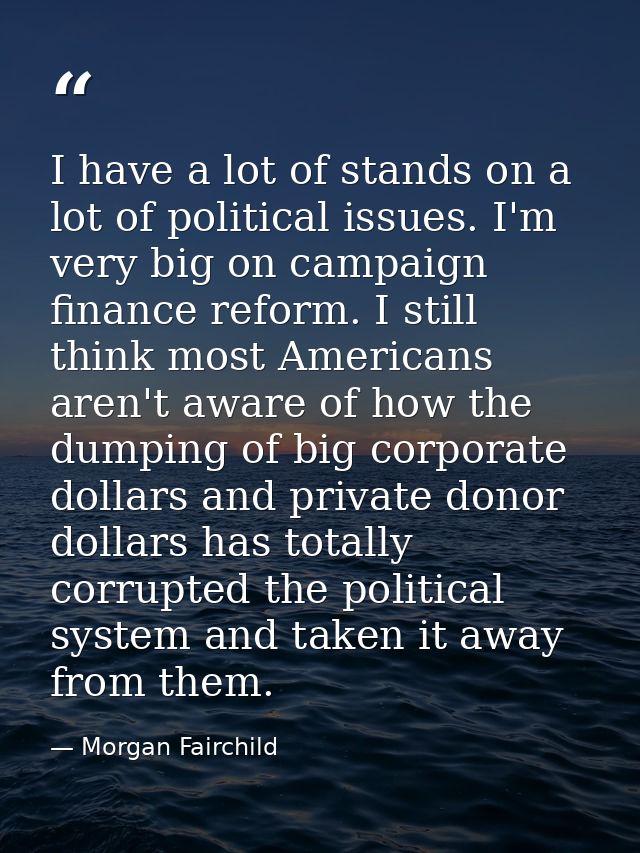 I have a lot of stands on a lot of political issues. I'm very big on campaign finance reform. I still think most America — Morgan Fairchild