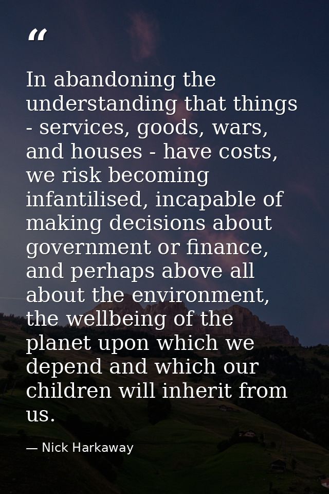 In abandoning the understanding that things - services, goods, wars, and houses - have costs, we risk becoming infantili — Nick Harkaway