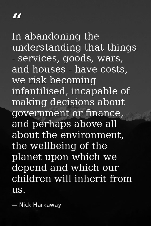 In abandoning the understanding that things - services, goods, wars, and houses - have costs, we risk becoming infantili — Nick Harkaway