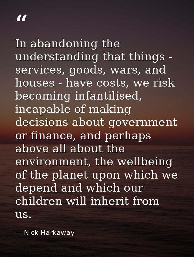 In abandoning the understanding that things - services, goods, wars, and houses - have costs, we risk becoming infantili — Nick Harkaway