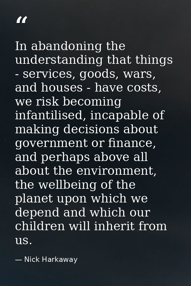 In abandoning the understanding that things - services, goods, wars, and houses - have costs, we risk becoming infantili — Nick Harkaway