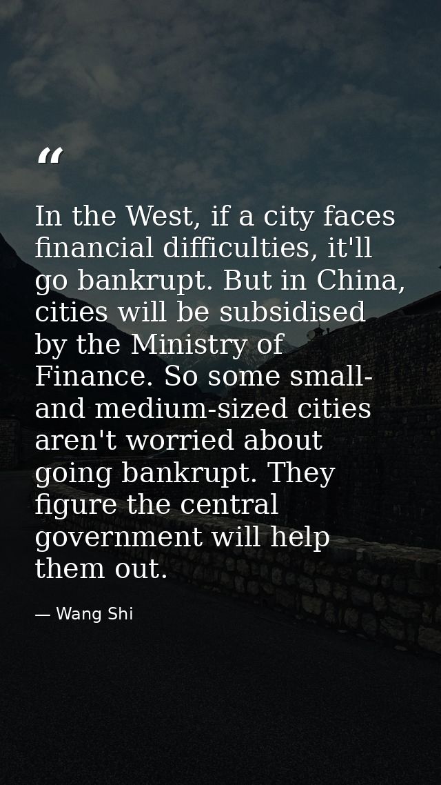 In the West, if a city faces financial difficulties, it'll go bankrupt. But in China, cities will be subsidised by the M — Wang Shi