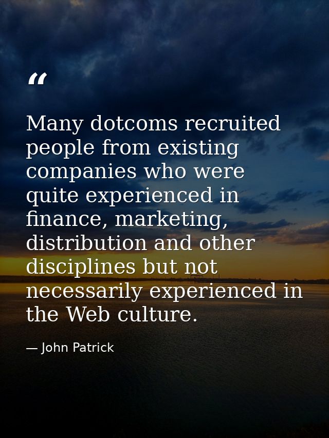 Many dotcoms recruited people from existing companies who were quite experienced in finance, marketing, distribution and — John Patrick