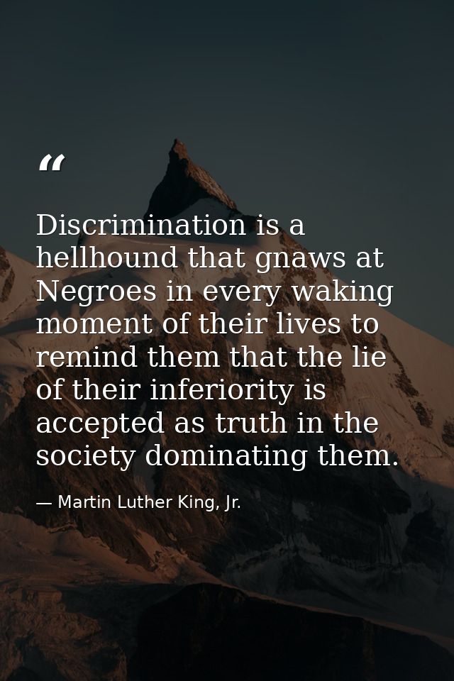 Discrimination is a hellhound that gnaws at Negroes in every waking moment of their lives to remind them that the lie of — Martin Luther King, Jr.
