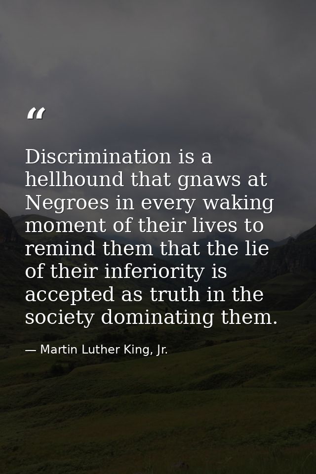 Discrimination is a hellhound that gnaws at Negroes in every waking moment of their lives to remind them that the lie of — Martin Luther King, Jr.