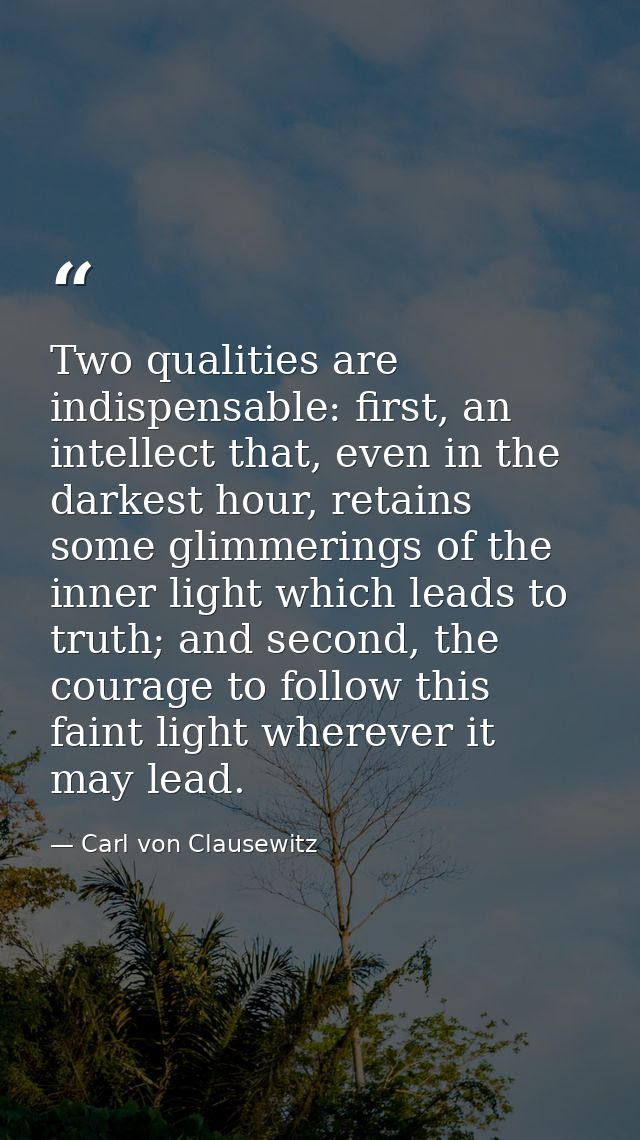 Two qualities are indispensable: first, an intellect that, even in the darkest hour, retains some glimmerings of the inn — Carl von Clausewitz